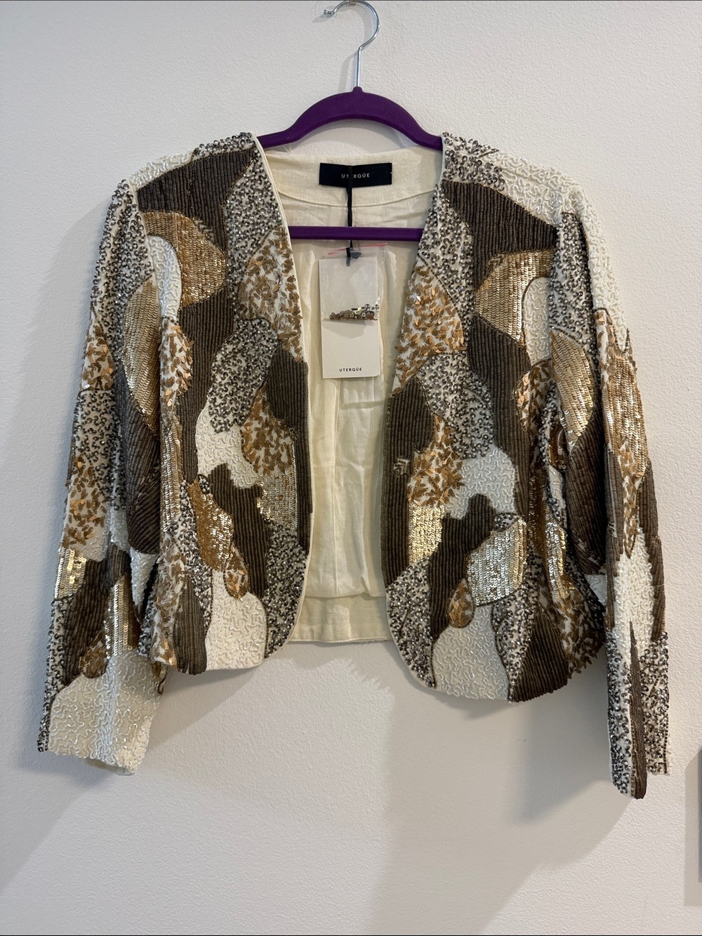 Uterque Ivory, Gold & Brown Sequin Open-Front Blazer